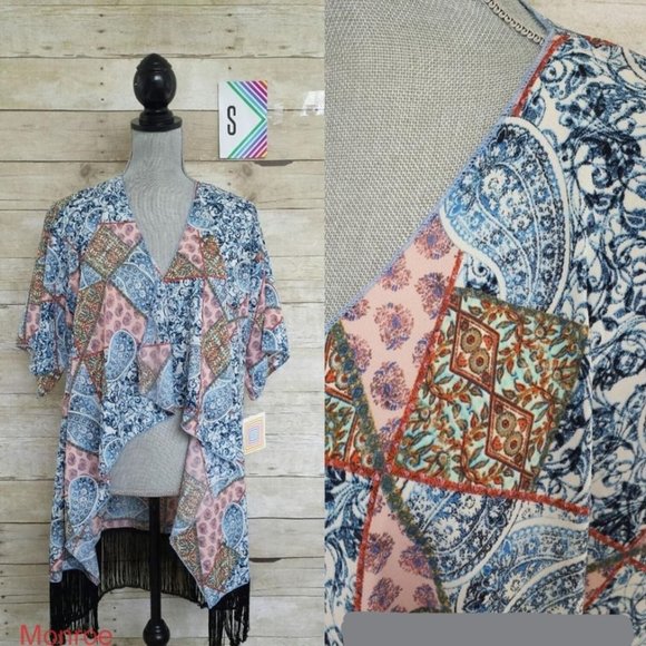 LuLaRoe Fringed Monroe Cardigan/Kimono S - Pink, Blue, Green Patchwork Design - Picture 1 of 1